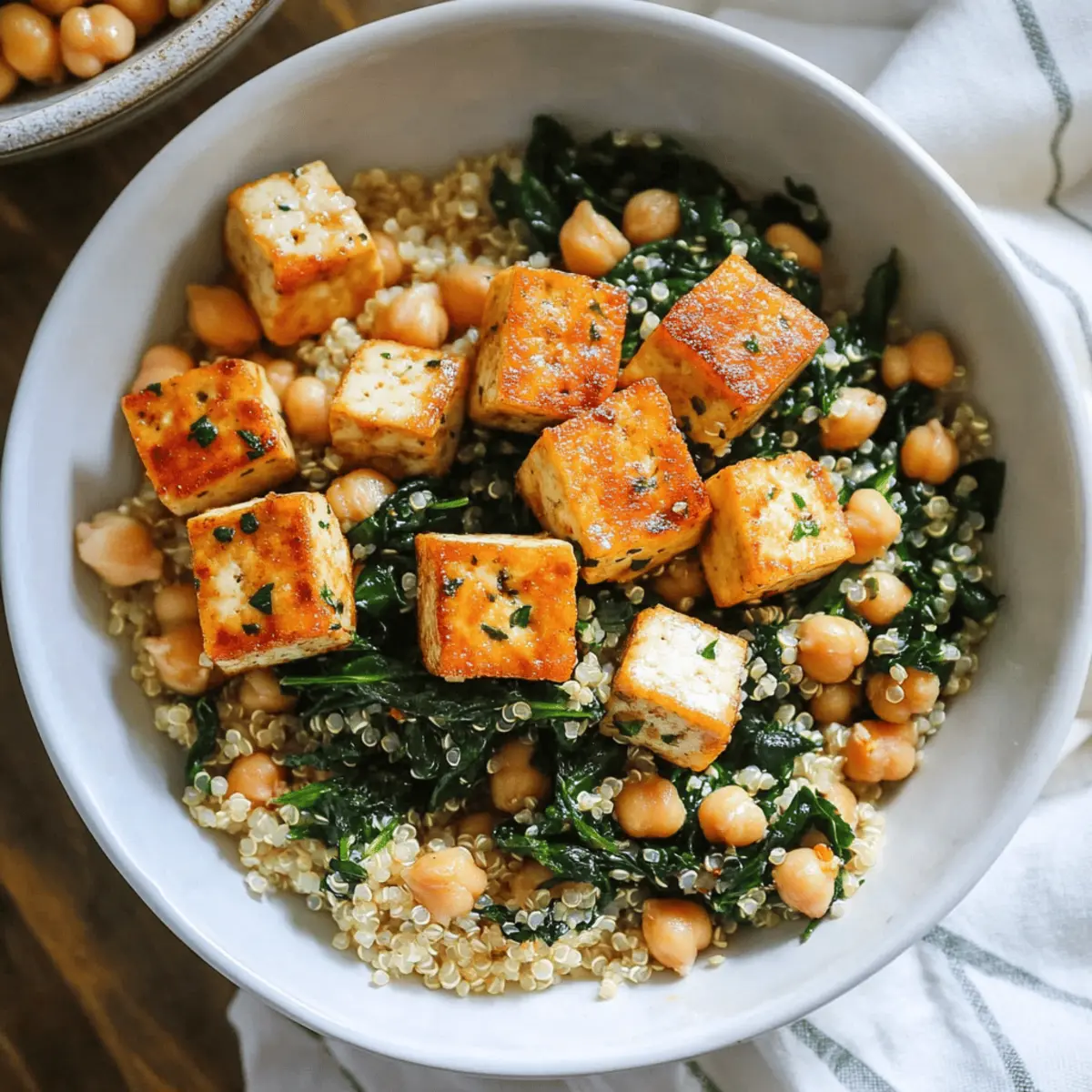 Baked Tofu, Spinach & Chickpea Quinoa Bowl