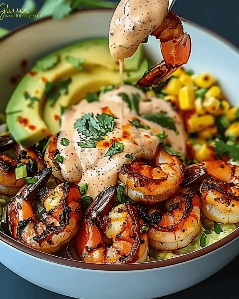 Grilled Shrimp Bowl with Avocado, Corn Salsa & Creamy Sauce