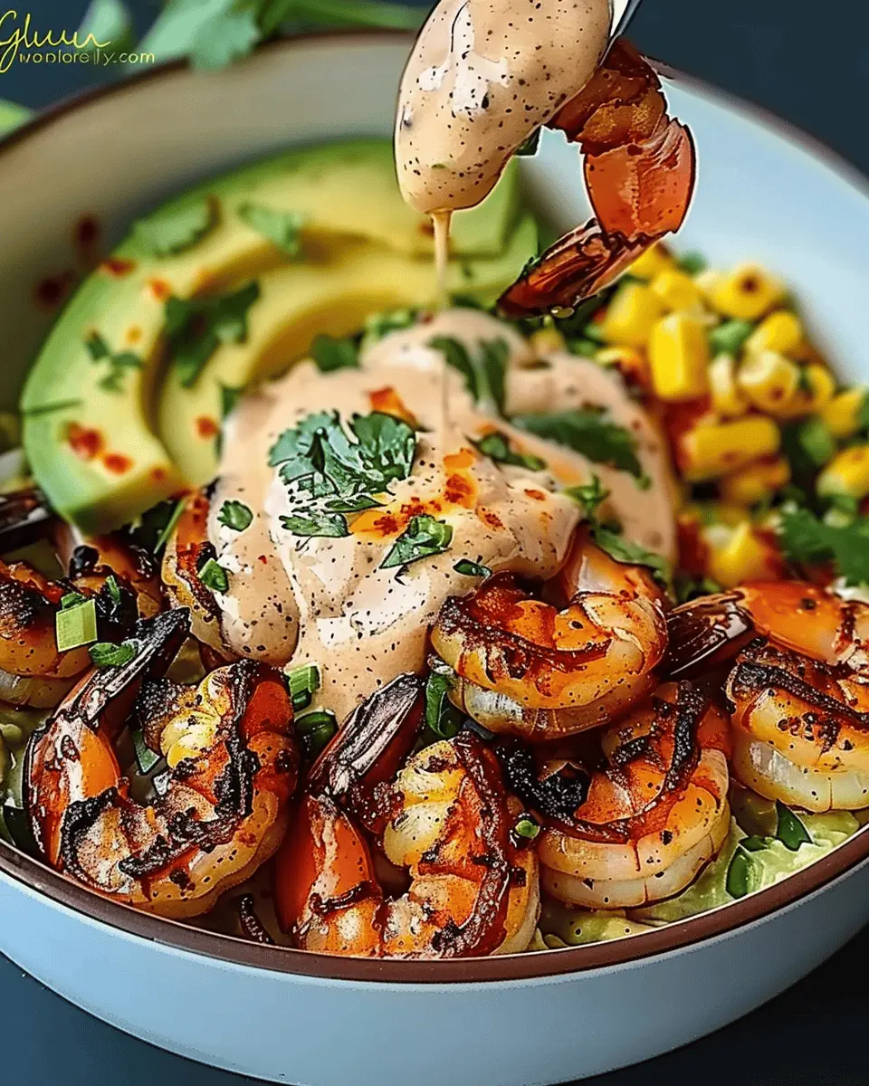 Grilled Shrimp Bowl with Avocado, Corn Salsa & Creamy Sauce