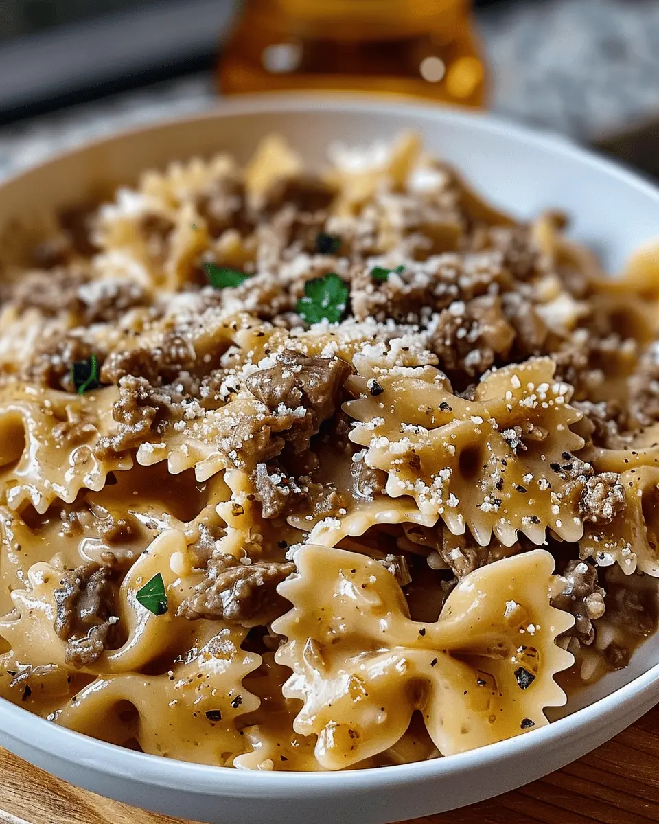 Creamy Parmesan Garlic Beef Bowtie Pasta