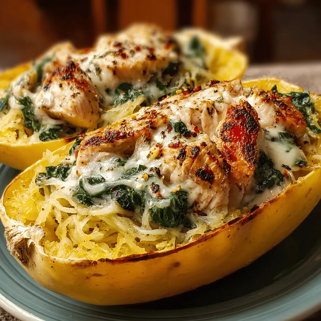 Garlic Parmesan Stuffed Spaghetti Squash with Chicken and Spinach