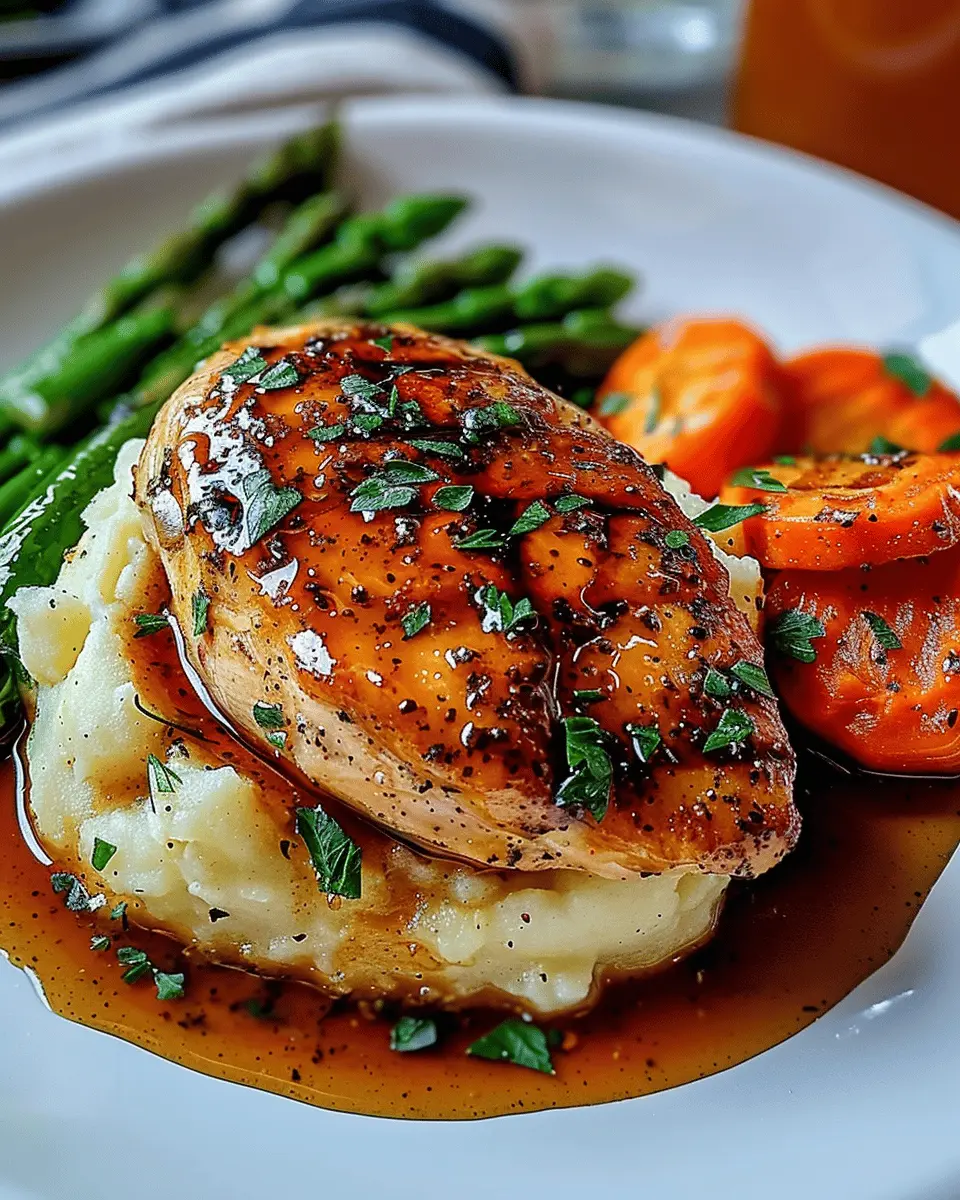 GARLIC HERB CHICKEN WITH MASHED POTATOES AND GLAZED CARROTS