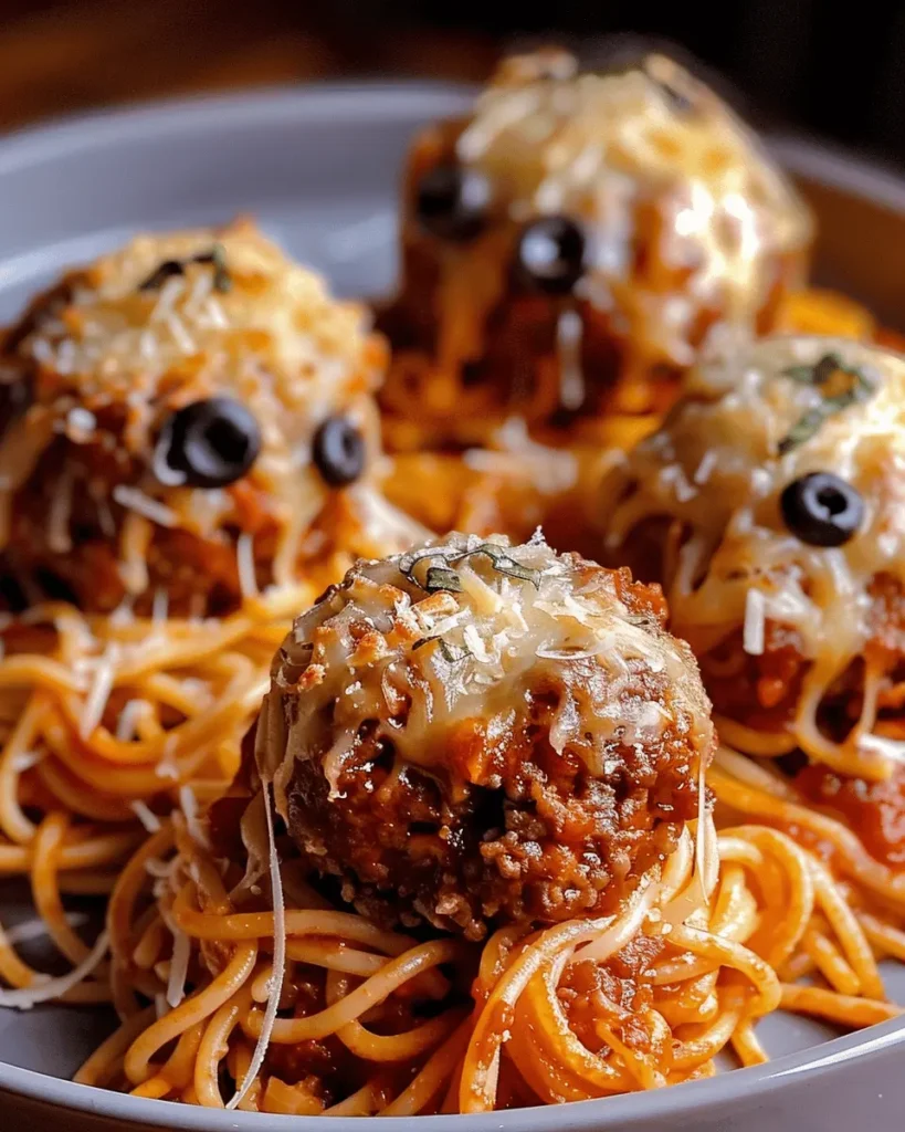 Spooky Spaghetti and Cheese Stuffed Meatballs Halloween