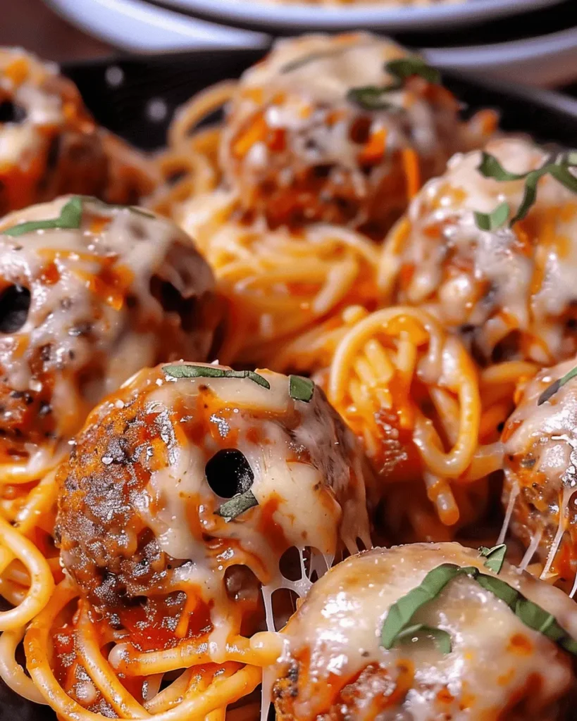 Spooky Spaghetti and Cheese Stuffed Meatballs Halloween