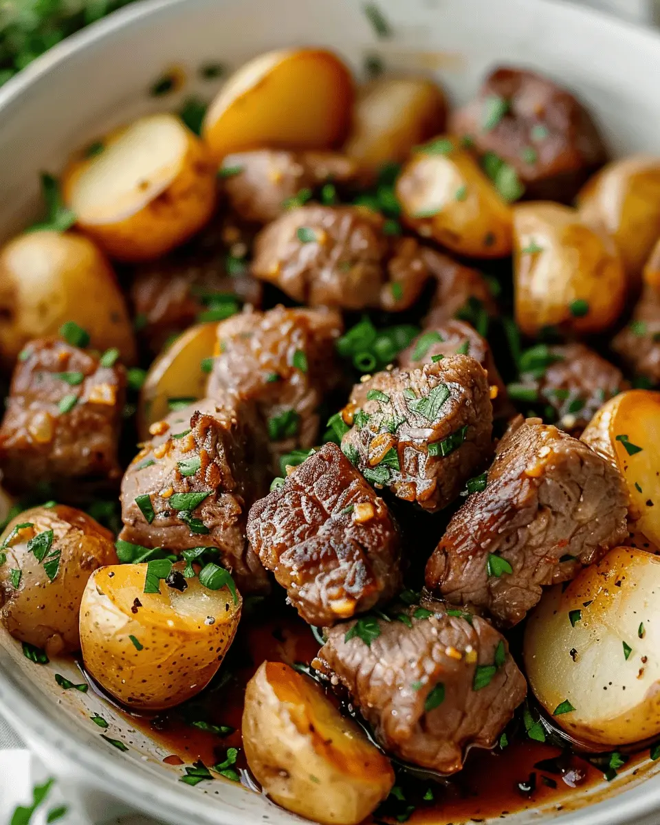 crockpot garlic butter beef bites with potatoes