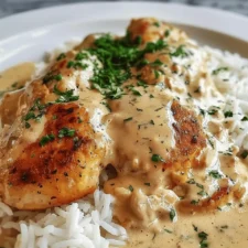 Creamy Smothered Chicken: Indulgent Recipe with Rice and Turkey Bacon